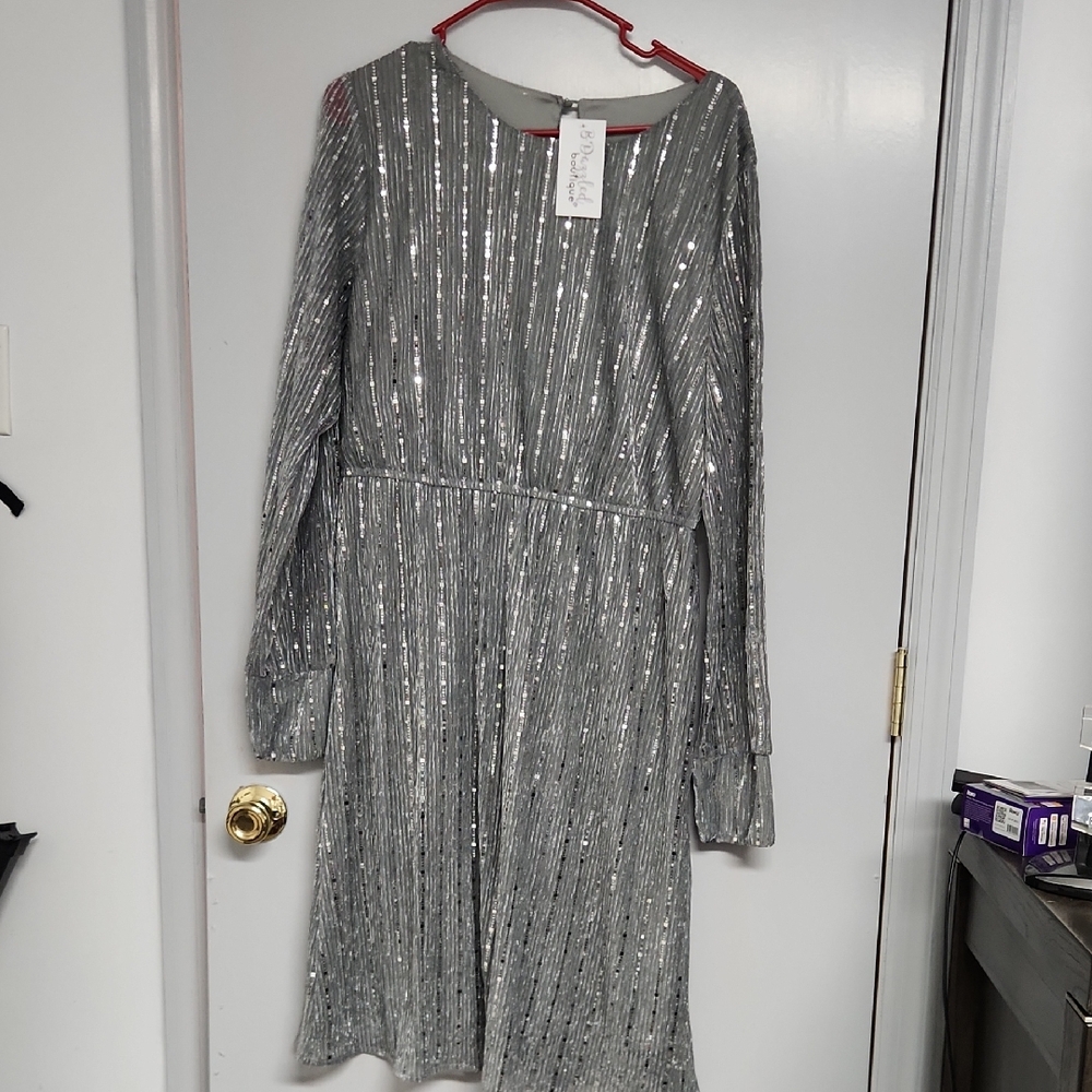 Silver Sequin Long Sleeve Dress
